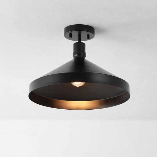 1-Light Matte Black Outdoor Flush Mount Light with Metal Black Shade