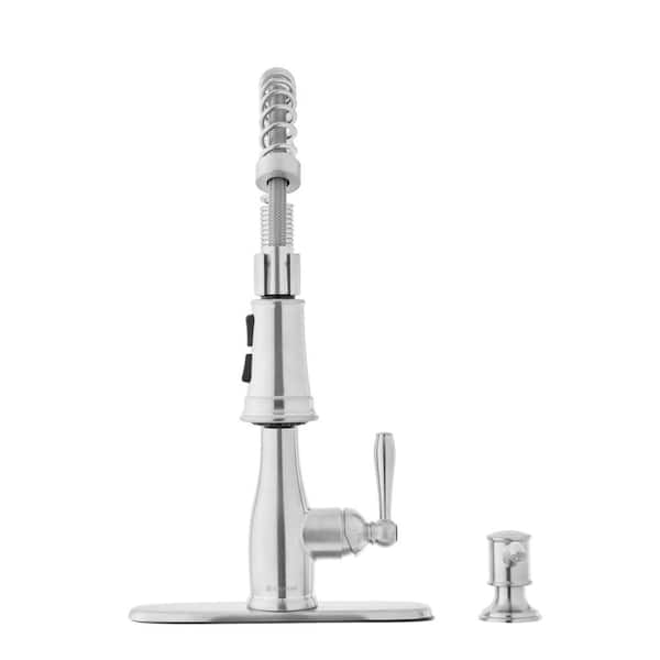 Mandouri Single Handle Spring Neck Pull Down Sprayer Kitchen Faucet with Soap Dispenser in Stainless Steel