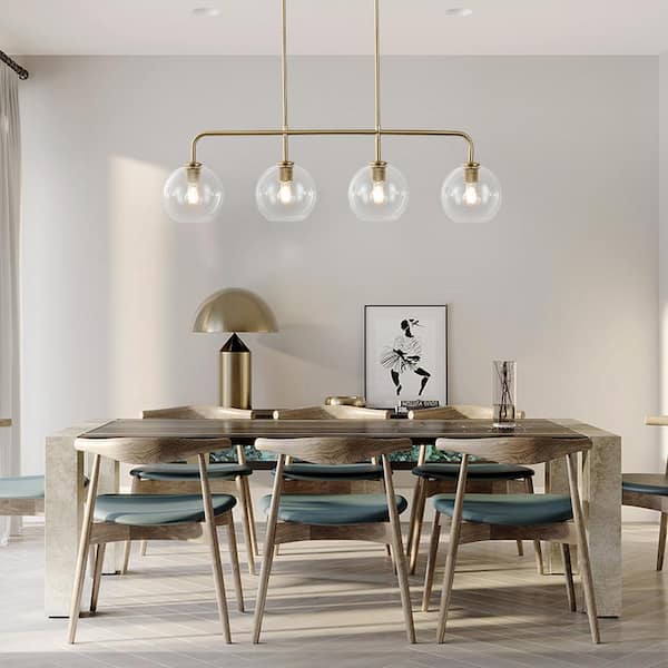 Friedlander 4-Light Brass Island Chandelier with Clear Glass Shades, Modern Linear Kitchen Pendant Light