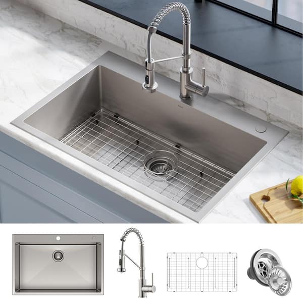 Loften Stainless Steel 33in. Single Bowl Drop-in / Undermount Kitchen Sink with Stainless Steel Pull Down Faucet