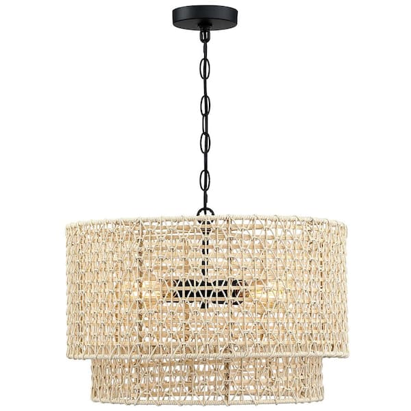 20 in. 4-Light Rattan Tiered Drum Pendant Chandelier Light with Black Canopy
