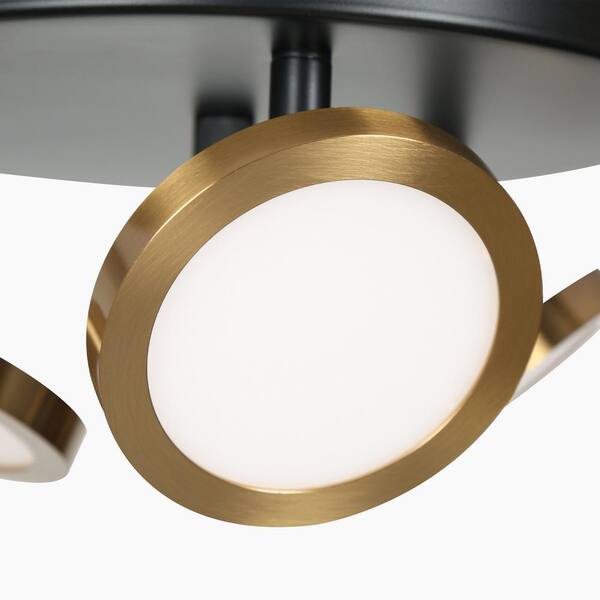 Adjustable 9 in. Modern 3-Light Black Integrated LED Semi-Flush Mount, Brass Gold Shade Round Ceiling Light