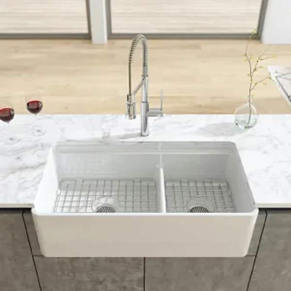 Reversible White Fireclay 36 in. Double Bowl Farmhouse Apron-Front Kitchen Sink