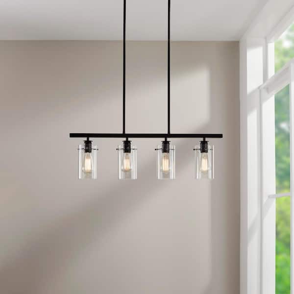 Regan 4-Light Espresso Industrial Linear Chandelier with Glass Shades, Industrial Linear Kitchen Pendant Light