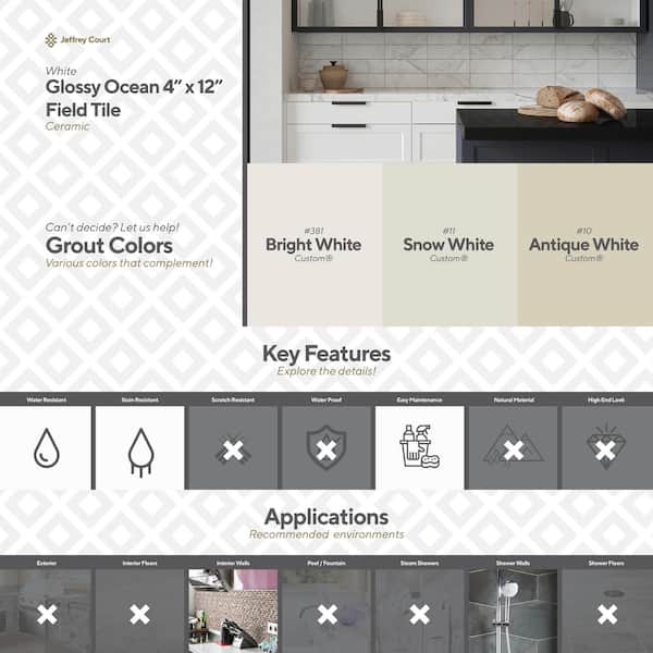 Glossy Ocean Carrara White 4 in. x 12 in. Subway Gloss Ceramic Wall Tile (9.687 sq. ft./Case)