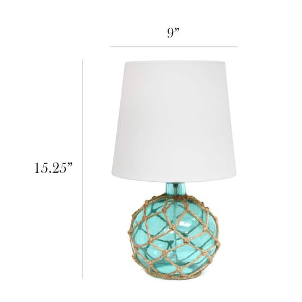 15.25 in. 1-Light Aqua Buoy Rope Nautical Netted Coastal Ocean Sea Glass Table Lamp with White Fabric Shade