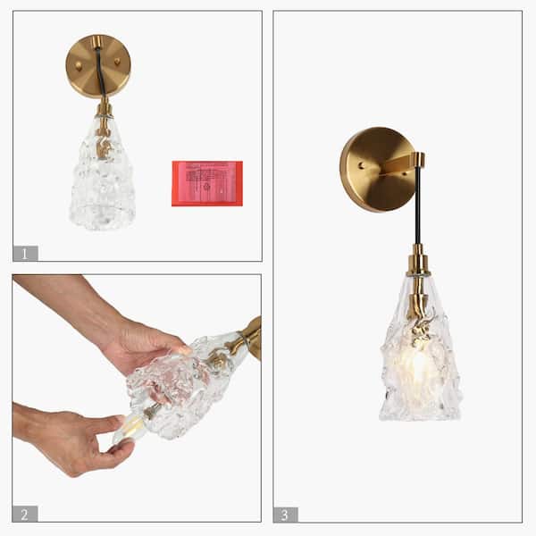 Transitional Bathroom Bell Wall Sconce 1-Light Plating Brass Bedroom Wall Light with Crystal Shade