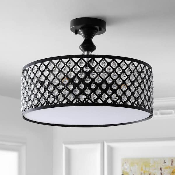 Elise 17 in. 3-Light Crystal/Metal Drum Semi-Flush Mount, Black