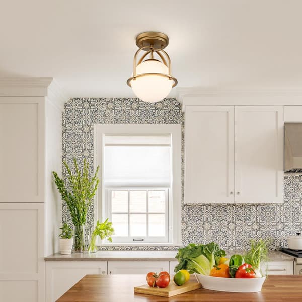 Fragoso 8.66 in. 1-Light Brass Semi Flush Mount Light with Opal Glass