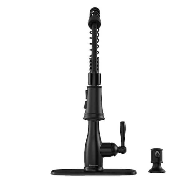 Mandouri Single-Handle Spring Neck Pull-Down Sprayer Kitchen Faucet with Soap Dispenser in Matte Black