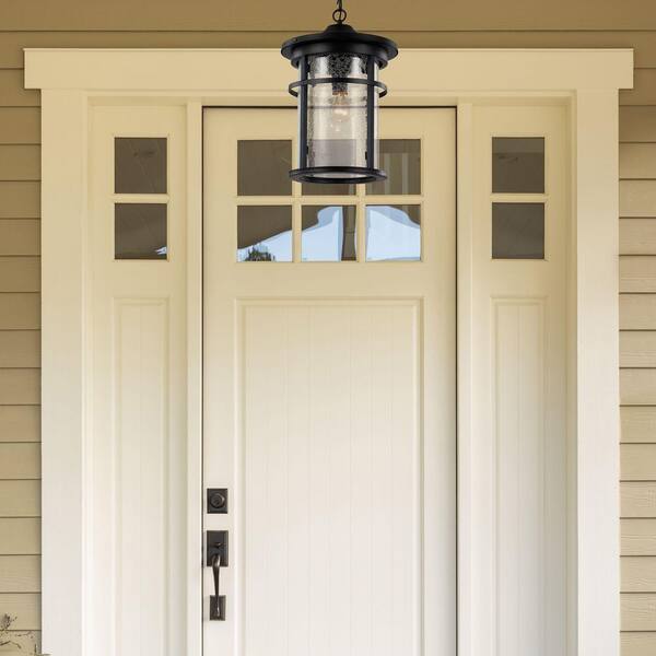 Avalon 9 in. 1-Light Black Hanging Outdoor Pendant Light Fixture with Crackled Glass
