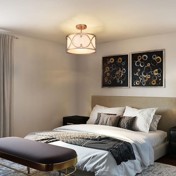 13 in. Transitional Semi-Flush Mount Lighting, 3-light Modern Farmhouse Drum Shaded Ceiling Light with White Linen Shade