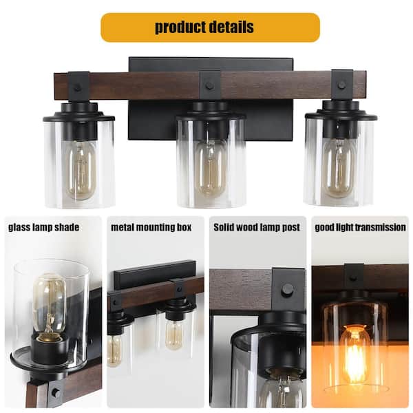 Farmhouse 3-Light Walnut and Black Vanity Lights Wall Sconce