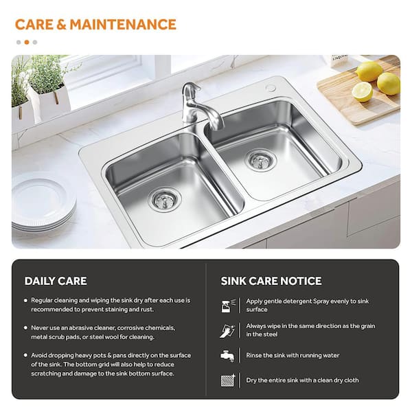All-in-1-Drop-In Stainless Steel 33 in. 2-Hole 50/50 Double Bowl Kitchen Sink with Pull-Out Faucet
