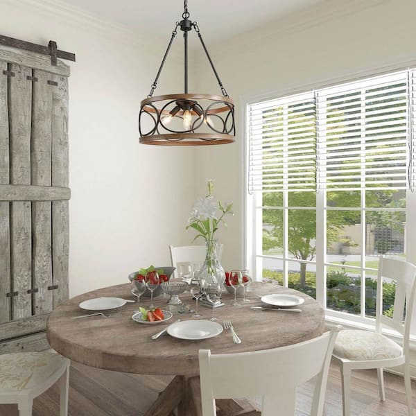 Brown Drum Chandelier, 4-Light Black Cage Farmhouse Chandelier Dining Room Pendant Light with Wood Accents