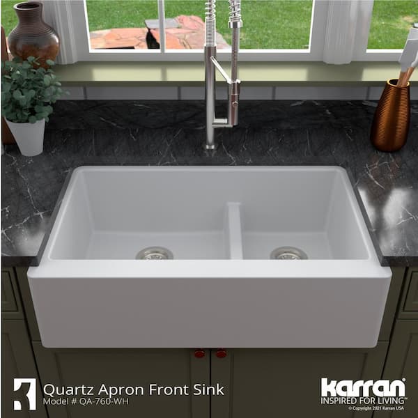 QA-760 Quartz/Granite 34 in. Double Bowl 60/40 Farmhouse/Apron Front Kitchen Sink in White with Grid and Strainer