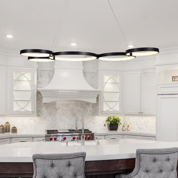 Capella 80-Watt ETL Certified Integrated LED Black Chandelier Height Adjustable 50 in. Pendant Light with 5 LED Circles
