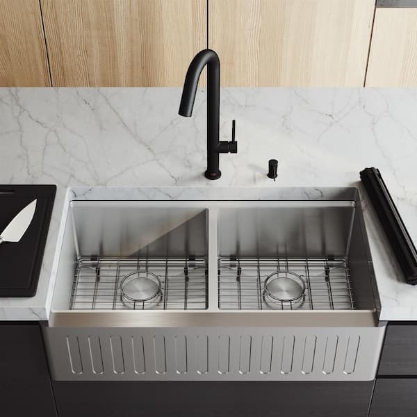 Handmade 36-in Stainless Steel Double-Bowl Slotted Apron Front Farmhouse Kitchen Sink Workstation with Accessories