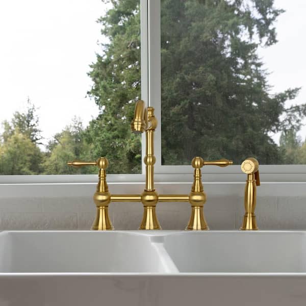 Double Handle Bridge Kitchen Faucet with Side Sprayer in Brushed Gold