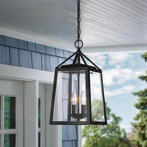 Blakeley Transitional 2-Light Black Outdoor Pendant Light Fixture with Clear Beveled Glass