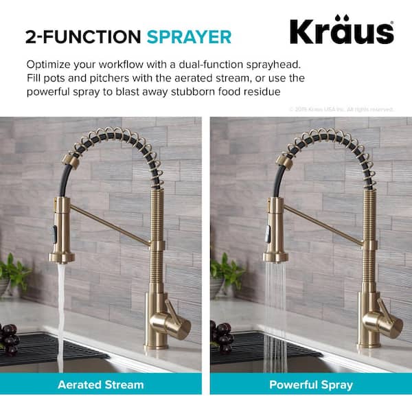 Single Handle 18-Inch Commercial Kitchen Faucet with Dual Function Pull-Down Sprayhead in Brushed Gold Finish
