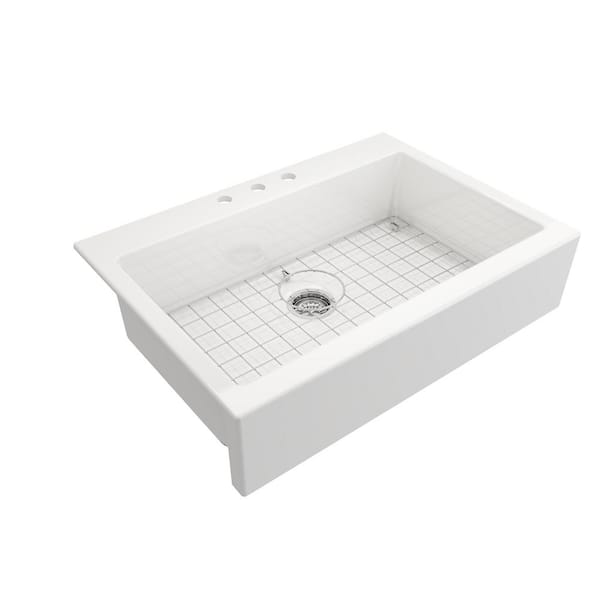 Farmhouse Apron-Front Fireclay 34 in. 3-Hole Single Bowl Kitchen Sink in White with Bottom Grid