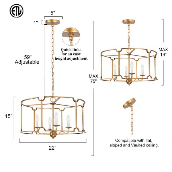 Modern Gold Drum Island Pendant Light 4-Light Brushed Gold Cage Dining Room Chandelier with Candle Style