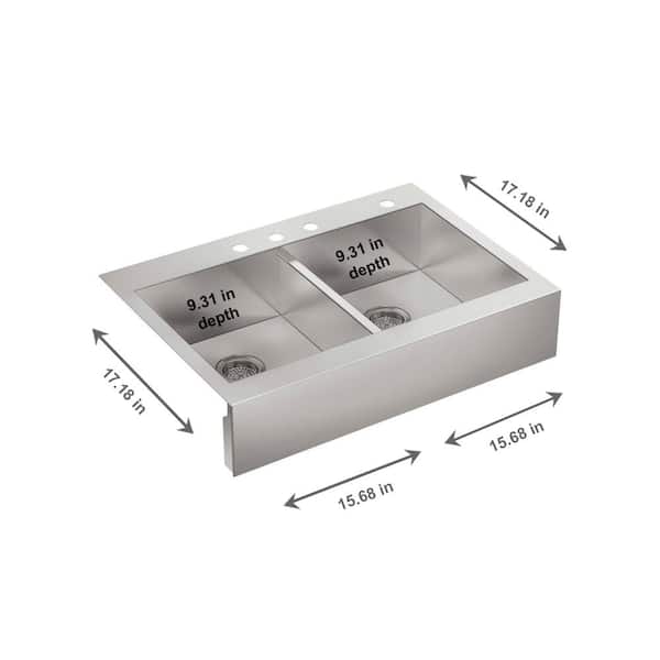Vault Drop-In Farmhouse Apron Front Self-Trimming Stainless Steel 36 in. 4-Hole Double Bowl Kitchen Sink