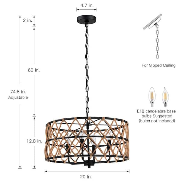 Trellis 20 in. 4-Light Black Drum Chandelier with Natural Rattan Shade