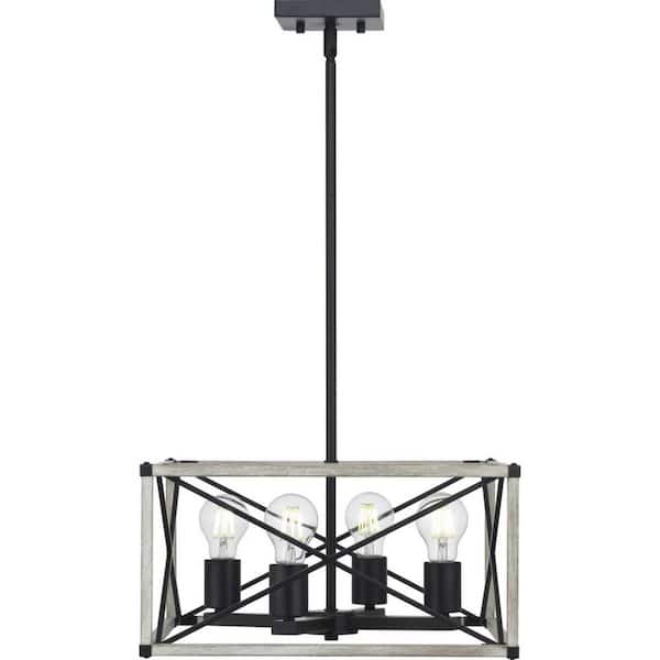 Madison Landing 4-Light Caged Matte Black Rectangular Pendant Hanging Light with Washed White Farmhouse Wood Accents
