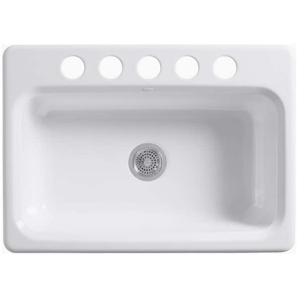 Bakersfield Undermount Cast Iron 31 in. 5-Hole Single Bowl Kitchen Sink in White with Basin Rack