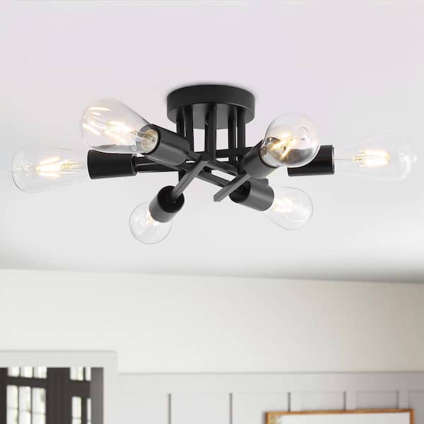 Industrial 22 in. 6-Light Black Linear Semi-Flush Mount Light Sputnik Ceiling Light