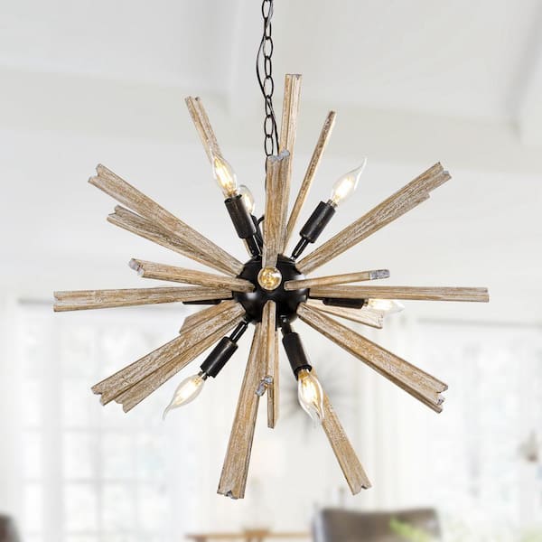 Rustic 9-Light Antique Black Candlestick Hanging Sputnik Chandelier with Natural Wood Bursts