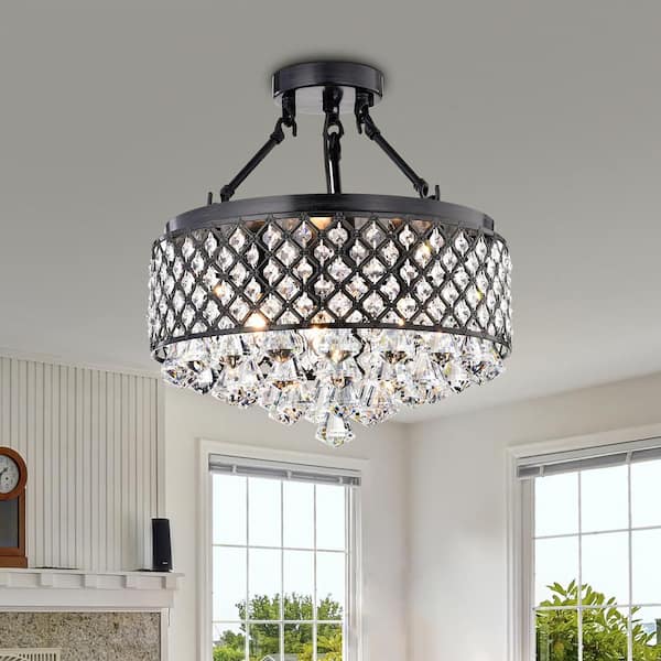 Alyvia 4-Light Antique Black Glam Semi-Flush Mount Ceiling Light with Beaded Crystal Drum Shade