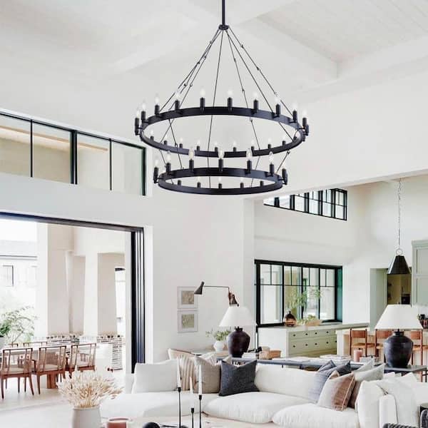 47.2 in. 40-Light Farmhouse Black 2-Tier Wagon Wheel Candle Chandelier Round Industrial Pendant Lighting