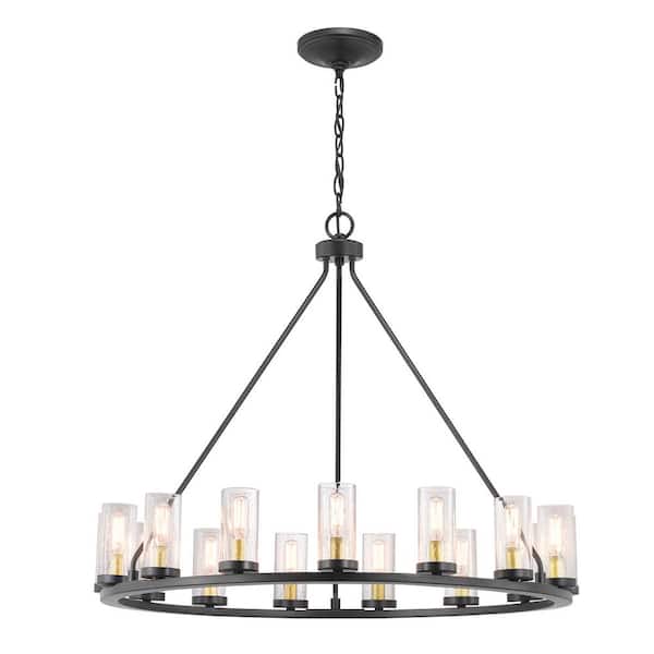 Hartwell 32-5/8 in. 15-Light Bronze Farmhouse Wagon Wheel Chandelier with Brass Accents & Clear Seeded Glass