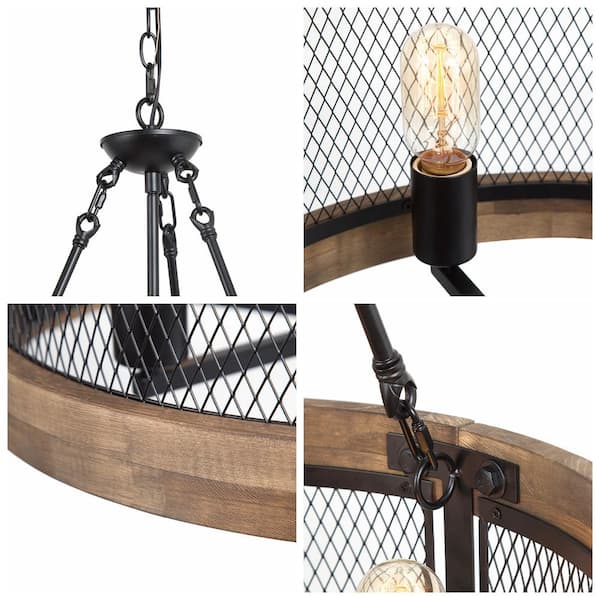 Wood Drum Chandelier 5-Light Brown Candle Black Rustic Farmhouse Chandelier Pendant Dining Room Industrial Chandelier