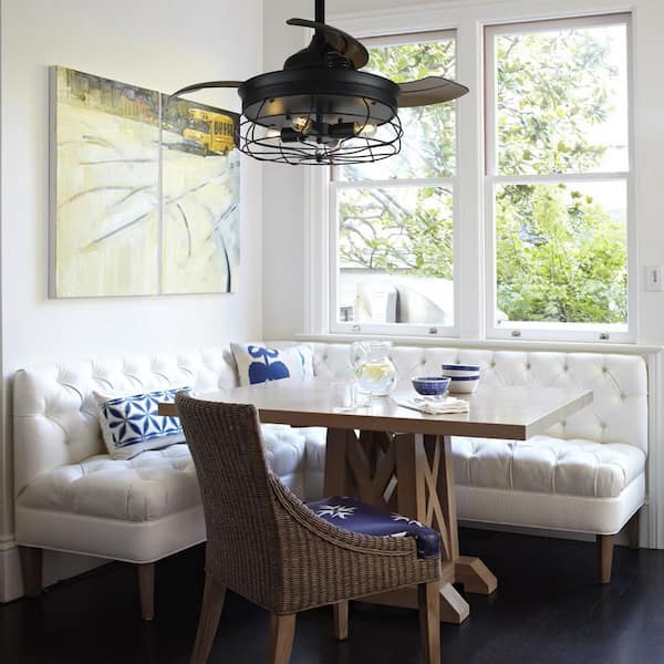 36 in. Downrod Mount Retractable 3-Blade Black Ceiling Fan with Light Kit and Remote Control