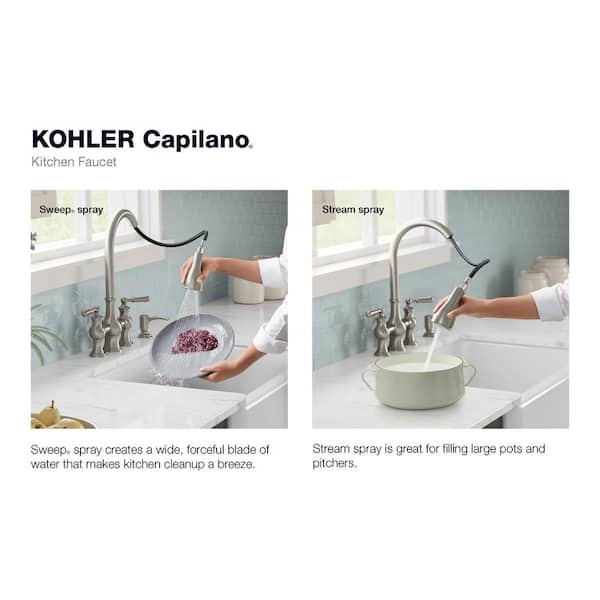 Capilano 2-Handle Bridge Farmhouse Pull-Down Kitchen Faucet with Soap Dispenser and Sweep Spray in Vibrant Stainless