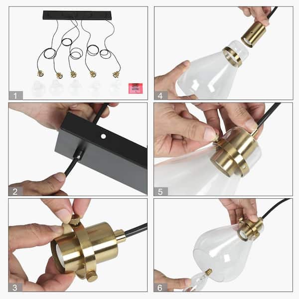 Modern Kitchen Island Chandelier 5-Light Black and Brass Linear Dining Room Chandelier with Clear Glass Shades