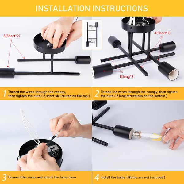 14 in. 4-Light Modern Sputnik Linear Black Metal Semi- Flush Mount Ceiling Lights Fixture Sputnik Chandelier Light