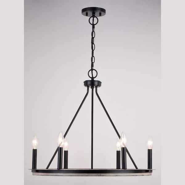 Russel 6-Light Matte Black and Weathered Gray Farmhouse Candle Wheel Chandelier