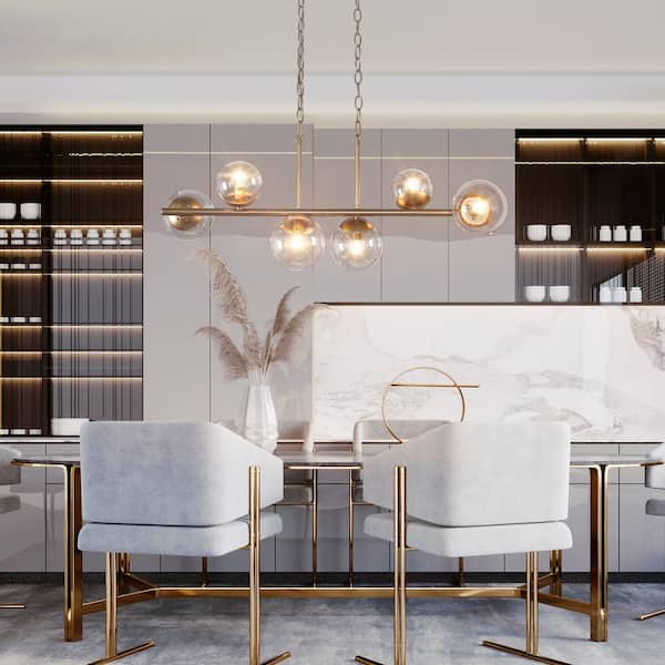 Modern Gold Dining Room Chandelier, 32 in. 6-Light Sputnik Island Linear Chandelier with Globe Glass Shades