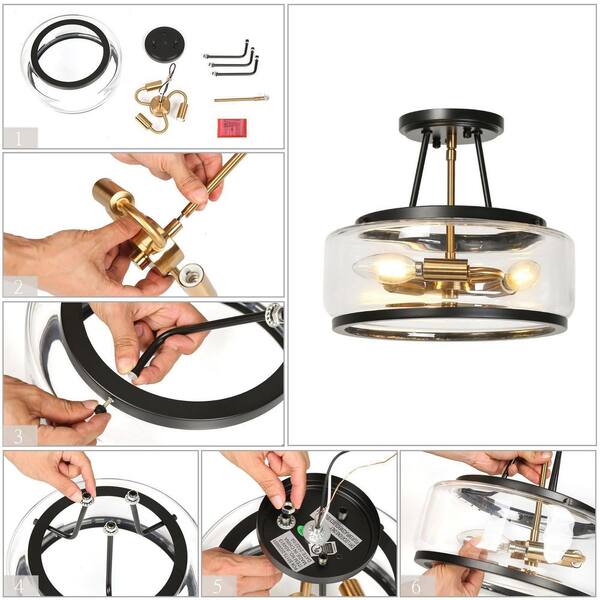 Modern Black and Brass Round Ceiling Light 3-Light Dome Semi-Flush Mount Light with Clear Glass Shade
