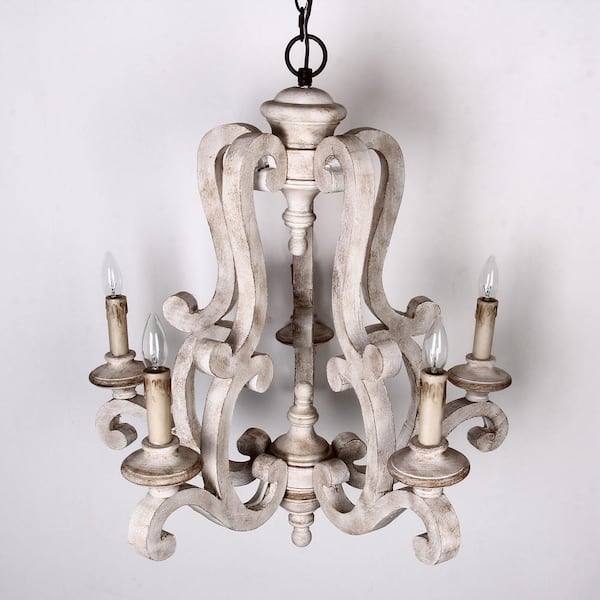 Bella 5-Light Antique Distressed Wood Empire Farmhouse Candlestick Chandelier
