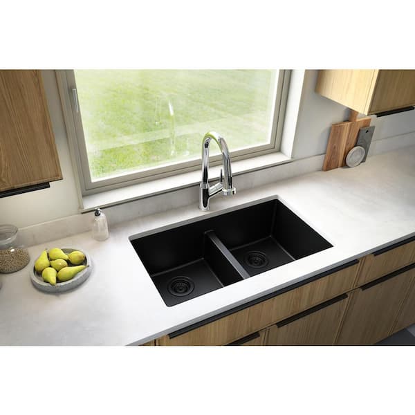 Quartz Black 32 in. 50/50 Double Bowl Composite Undermount Kitchen Sink