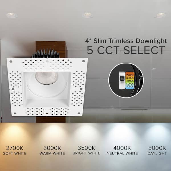 4 in. Trimless Slim Square Recessed Anti-Glare LED Downlight, White, Canless IC Rated, 1000 Lumens, 5 CCT 2700K-5000K