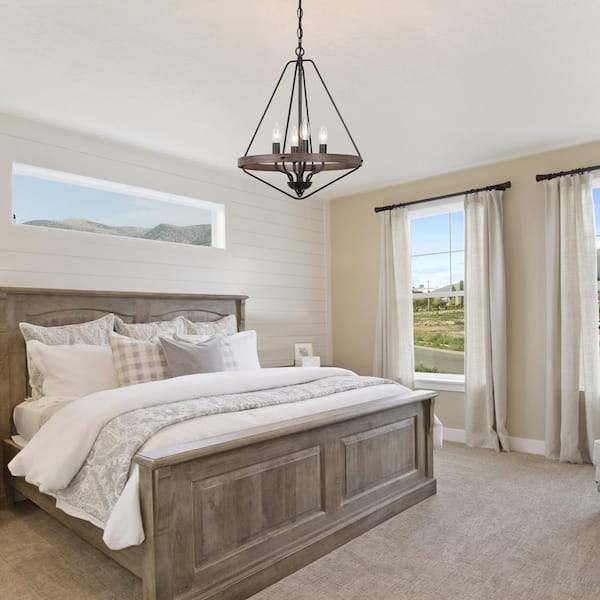 Modern Black Caged Chandelier 4-Light Brown Candlestick Rustic Foyer Chandelier Lamp with Faux Wood Accents