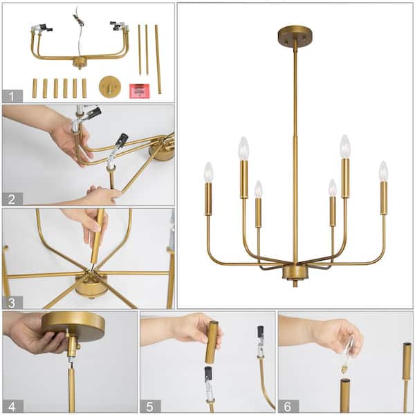 Modern Dark Gold Kitchen Linear Chandelier, 6-Light Farmhouse Antique Candlestick Ding Room Pendant Light Fixture