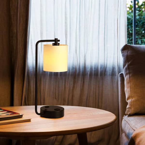 19 in. 2 USB Table Lamp with 2 outlets , White Fabric Shade